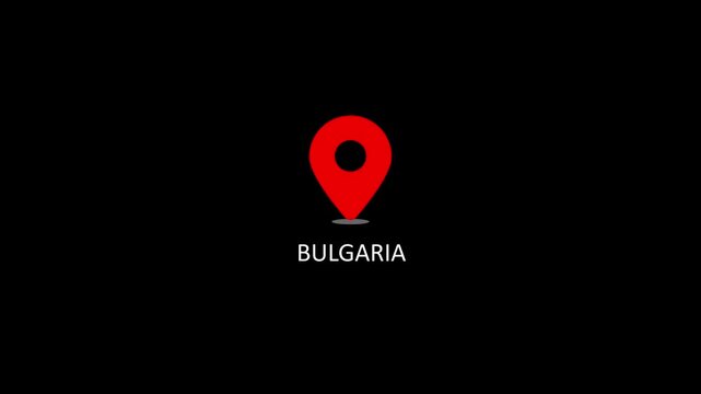 Bulgaria map location pin animation on black background, travel destination marker
