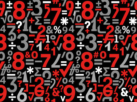 Mathematics Pattern with Colorful Numbers and Academic Symbols on Black Background