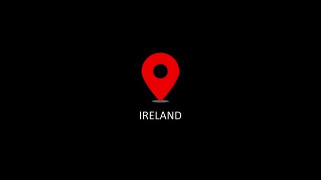Ireland map location pin animation on black background, travel destination concept navigation