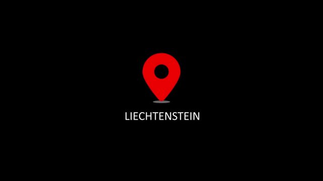 Liechtenstein country name with red map pointer animation on black background, nation