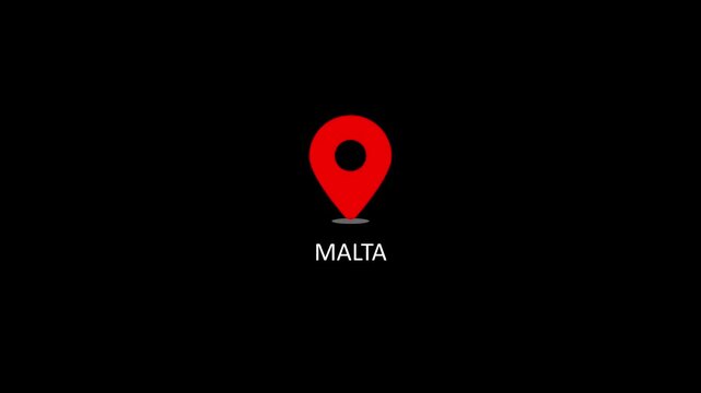Malta map pin animation, red location marker on black background, for travel and, tourism