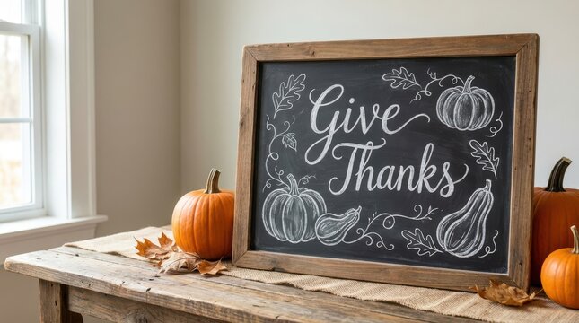 Chalkboard sign with give thanks message and pumpkin illustrations on rustic wooden table.