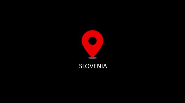 Slovenia map location pin animation on black background, travel destination concept marker