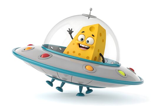Smiling cartoon alien in a colorful flying saucer waving