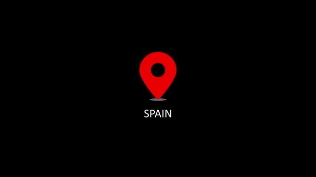 Spain map location pin animation on black background, travel destination concept