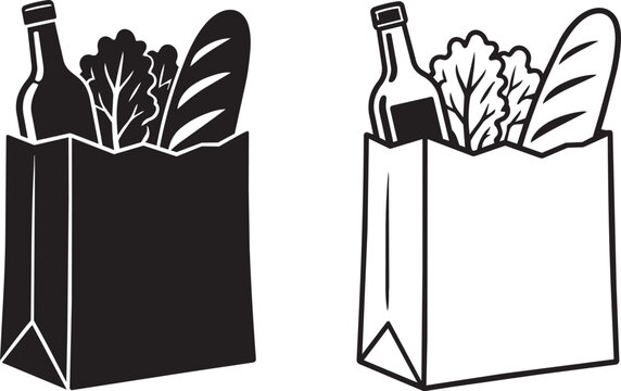 grocery paper bag with bread bottle and vegetables icon line and solid style vector illustration