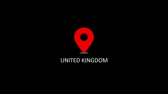 United kingdom map location pin animation on black background, for travel and, business projects britain