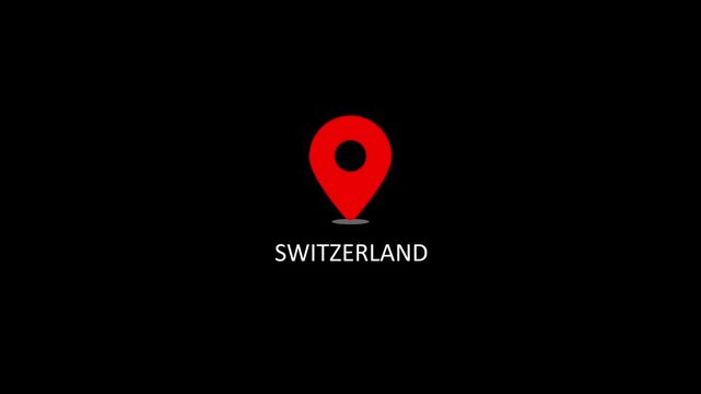 Switzerland location pin animation on black background, travel destination map marker