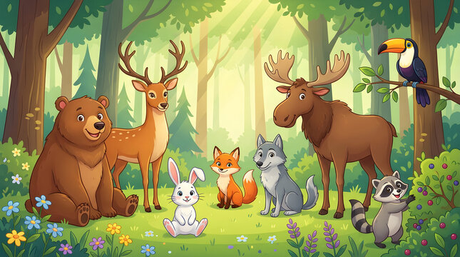 Forest animals including a bear deer and moose in a vector illustration