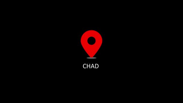 Chad map location pin animation on black background, travel and geography, concept