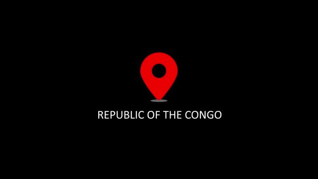 Republic of the congo map location pin animation on black background, africa country