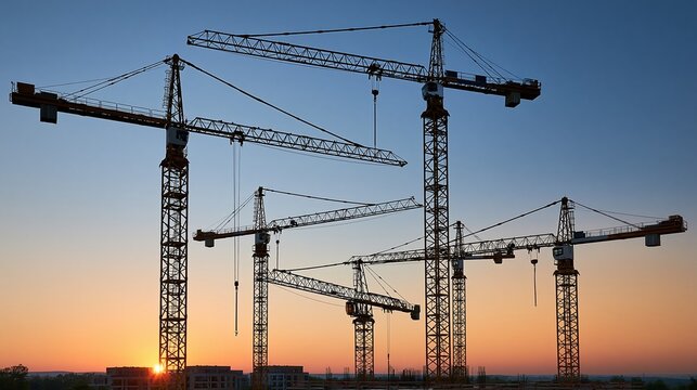 Silhouette of multiple construction tower cranes against a vibrant sunset sky, symbolizing development and progress
