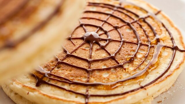 Stack of delicious homemade pancakes decorated with chocolate syrup in a spider web pattern for halloween