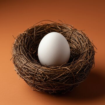 Fragile white egg protected within a natural woven nest on a plain background, representing careful savings, security, and potential growth ,sheltered ,delicate ,minimal