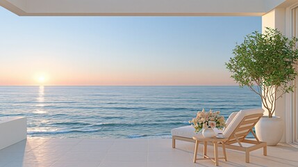 Obraz premium Serene Oceanfront Balcony with Lounge Chair and Sunrise Over Calm Sea