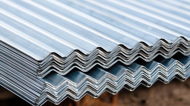 Close Up of Stacked Corrugated Metal Sheets, Building Material for Roofing and Construction