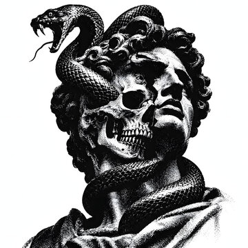 Medusa head with skull and snake vector illustration in black and white engraving style