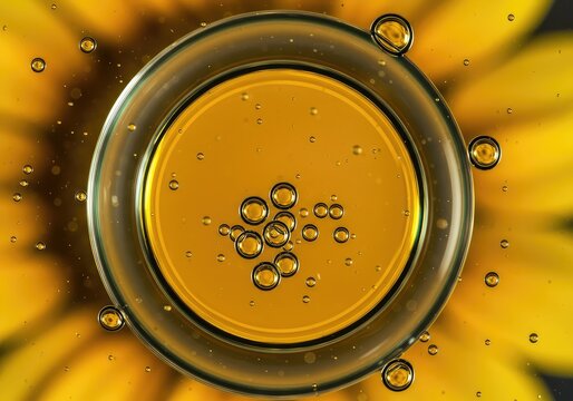 Highly magnified view of sunflower extract droplets in a clean, clear solution, emphasizing purity and natural health properties ,compound ,gold ,oil