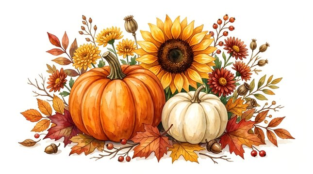 Watercolor autumn arrangement with pumpkins sunflowers and fall leaves isolated on white