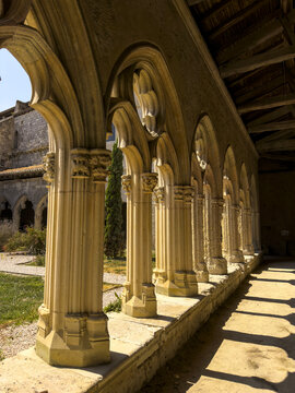 Carved Gothic arches and rose tracery along the cloister walkway of St. Peter collegiate church, Gers, La Romieu, France