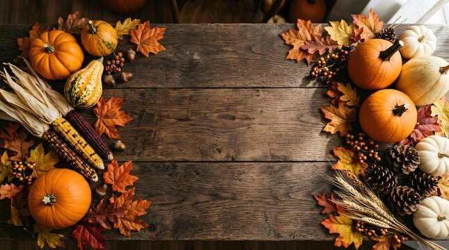 Autumn harvest bounty with pumpkins gourds corn and colorful fall leaves on rustic wood