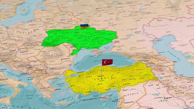 Ukraine And Turkey Flags Map Black Sea Region Animation