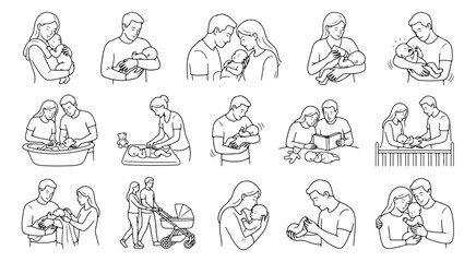 Obraz premium Minimalist line art newborn care icons, 15 vector illustrations of parents with baby, modern family life sketches for parenting blogs