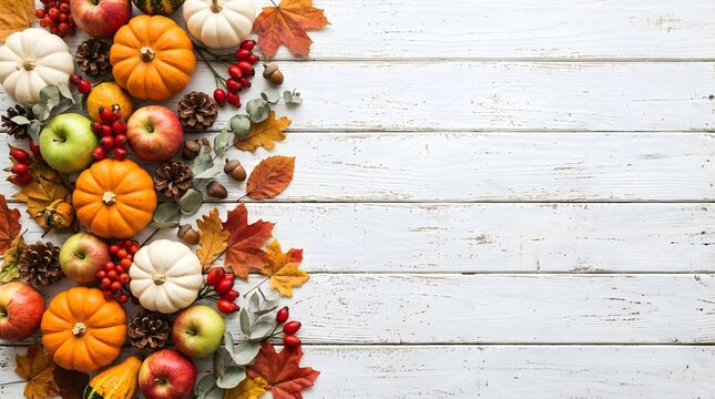Autumn harvest abundance of pumpkins apples and berries against a rustic white wood background