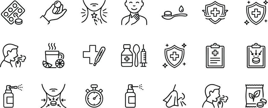 Sore throat cough relief icon set lozenges syrup spray tea shield medical line art vector.