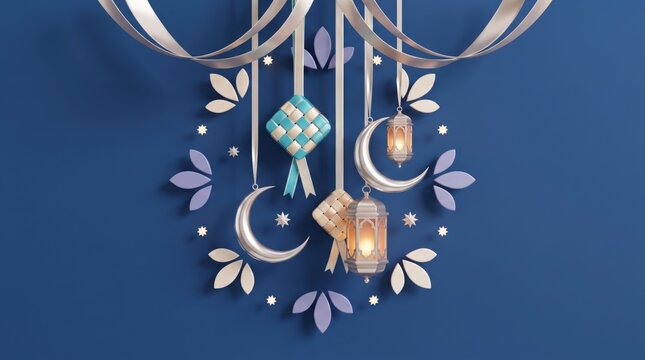 Eid Mubarak celebration with hanging lanterns and crescent moon decorations