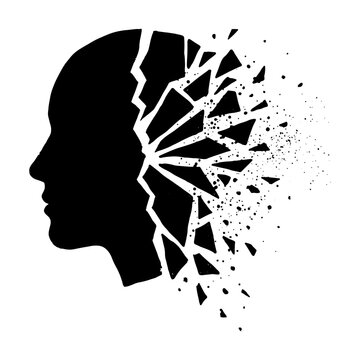 Human silhouette head shattering into small dark fragments representing deep psychological trauma or mental health crisis