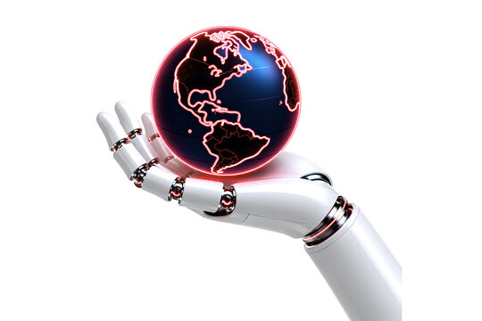 Robotic hand holding planet Earth symbolizing global innovation, artificial intelligence, sustainability, environmental responsibility and the future of technology on a white background. Robot Hand Ho