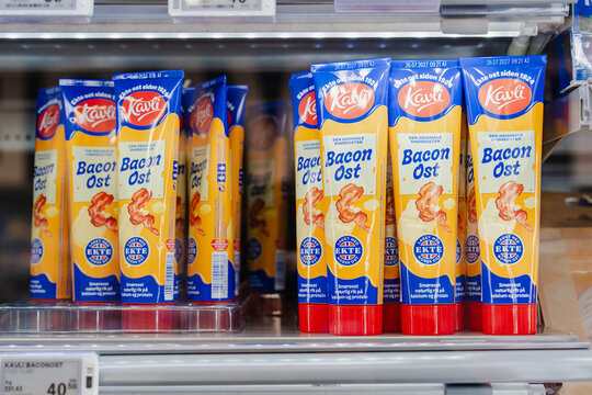 August 15, 2026, Tau, Norway - Kavli Bacon Ost tubes displayed on a supermarket shelf