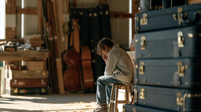 A child seated on a stool in an empty workshop adjacent to a rural concert barn, watching a luthier taste rosin to test its grade, sawdust curling in light shafts across the