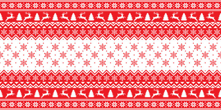 Christmas Sweater Seamless Repeat Pattern with Nordic Snowflakes and Reindeer