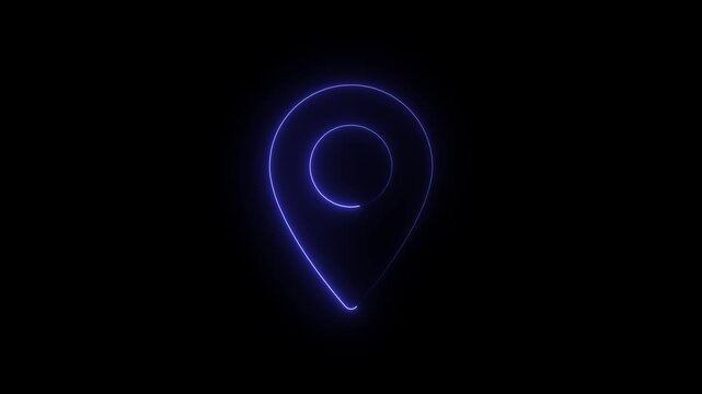 Abstract location glowing neon icon fast tracking map pin icon animation on black background. Neon location icon GPS location pointer animated icon.