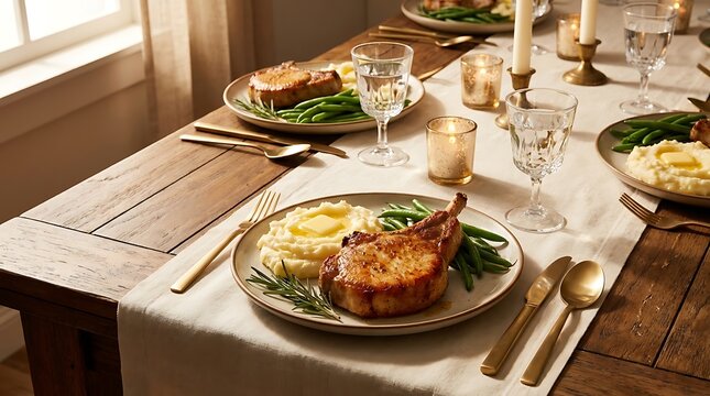 Delicious grilled pork chop dinner served with creamy mashed potatoes and green beans on a rustic table. chuleta de cerdo