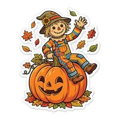 Fototapeta premium Cute autumn scarecrow sticker, friendly character sitting on a carved Halloween pumpkin, fall harvest vector illustration isolated on White Background