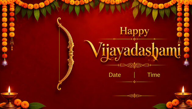 Happy Vijayadashami and Dussehra Festival Invitation Greeting Card Banner with Golden Bow and Arrow. 