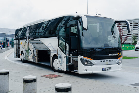 August 15, 2026, Stavanger, Norway - Setra coach bus with Rogaland Taxi branding parked at Stavanger Airport