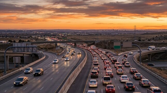 Heavy highway traffic congestion at sunset with cars merging into a bottleneck
