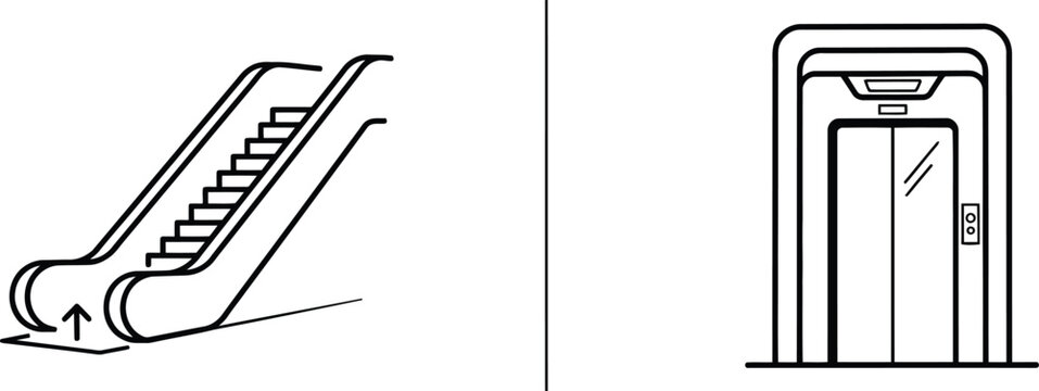 Escalator and elevator outline icon set. Minimalist line art transportation symbols. Black and white contour vector graphics for signage.