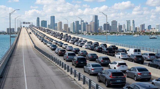 Heavy Holiday Traffic Jam on a Bridge Overlooking a Vibrant City Skyline and Waterway