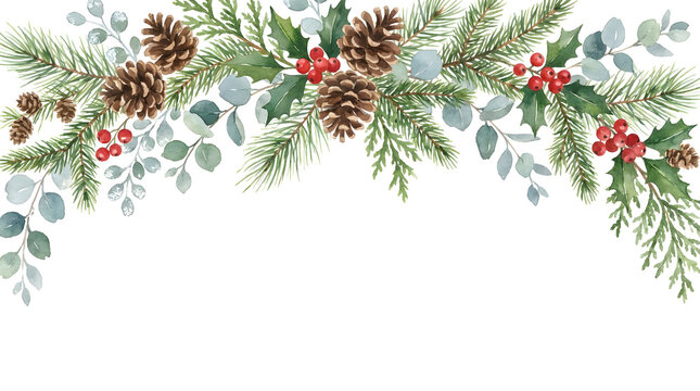 A festive christmas winter holiday watercolor botanical greenery border featuring pinecone holly and red berries for seasonal greeting card design projects