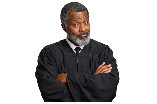 Character Portrait Black Judge Crossed Arms Skeptical Robe Beard Isolated White 