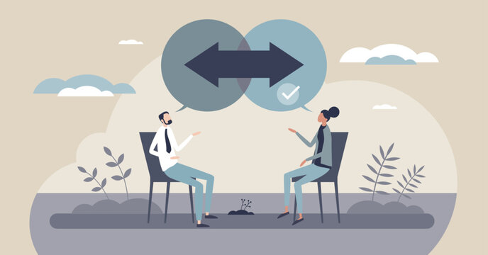 Assertive communication illustrated as a respectful two-way talk, two people, overlapping speech bubbles, and a double arrow signal clear boundaries and mutual understanding. Tiny style