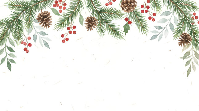 A festive christmas winter holiday watercolor botanical greenery border featuring pinecone holly and red berries for seasonal greeting card design background