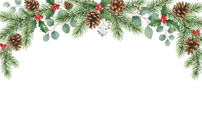 A beautiful christmas winter holiday watercolor botanical border featuring festive greenery pinecone holly berries isolated on a clean white background design