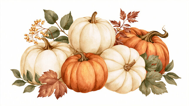 Watercolor autumn pumpkins with eucalyptus leaves and botanical foliage isolated on white for fall greeting cards, Thanksgiving invitations and seasonal decor