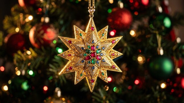 Ornate Star Christmas Ornament Hanging on Decorated Tree
